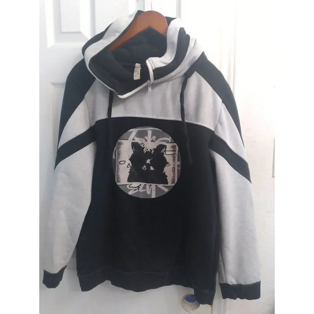 Retro Style Two-Tone Graphic Hoodie Black &‎ Grey Athletic Sweatshirt Pullover
